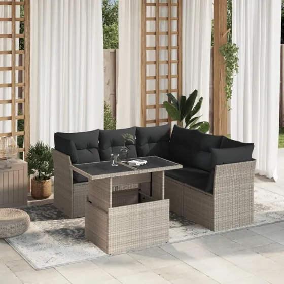 Havesofasæt 6 dele i polyrattan med hynder - lysegrå
