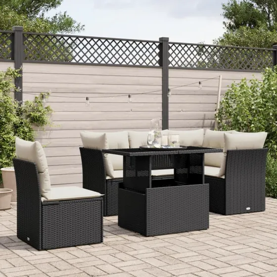 Sofasæt til haven 6 dele i sort polyrattan med hynder