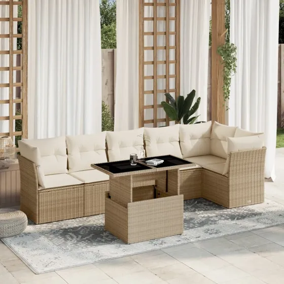 Sofasæt til haven 7 dele i beige polyrattan