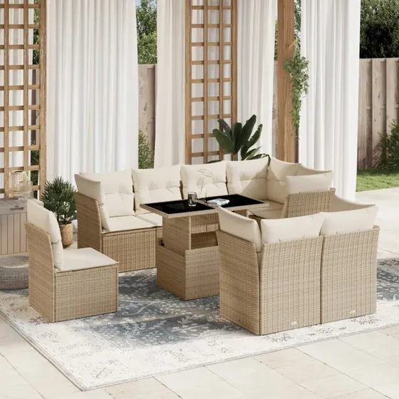 9-delt havesofa sæt i polyrattan med hynder, beige