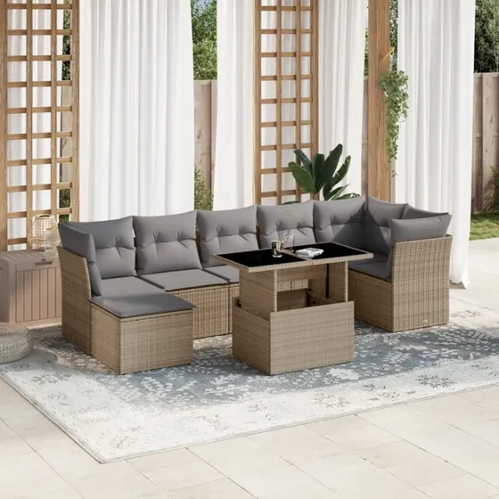 8-delers sofasæt i polyrattan med hynder - beige