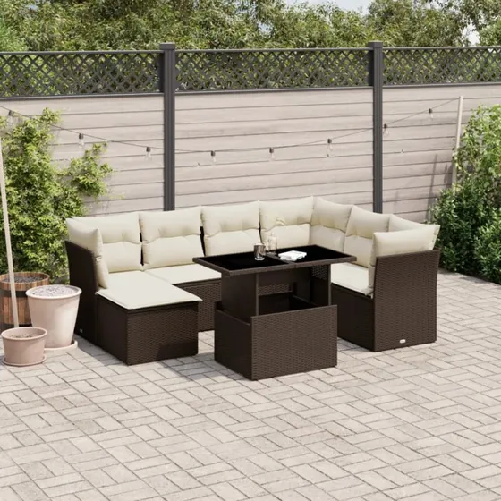 Havesofasæt 8 dele i polyrattan brun med hynder