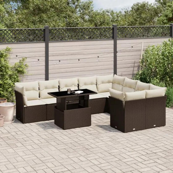 Havesofasæt 10 dele i polyrattan med hynder – brun