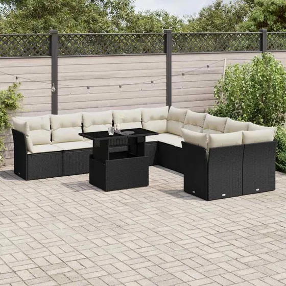Havesofasæt 11 dele i sort polyrattan med hynder