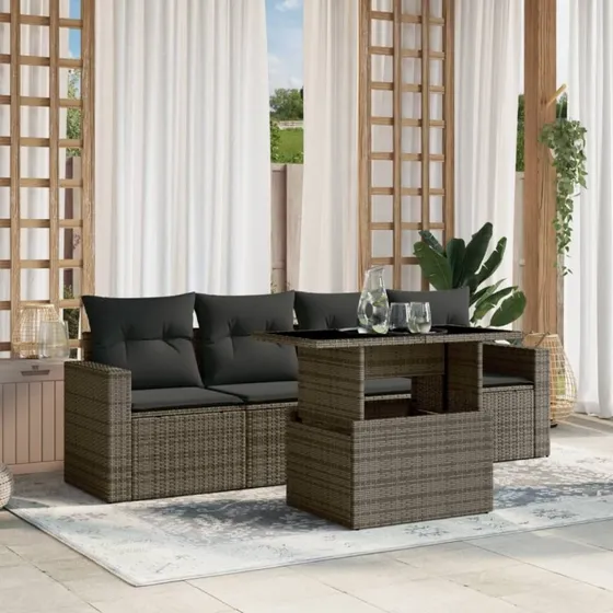 Sofasæt 5 dele i polyrattan med hynder, grå