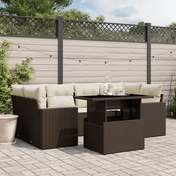Sofasæt til haven 7 dele i polyrattan – brun