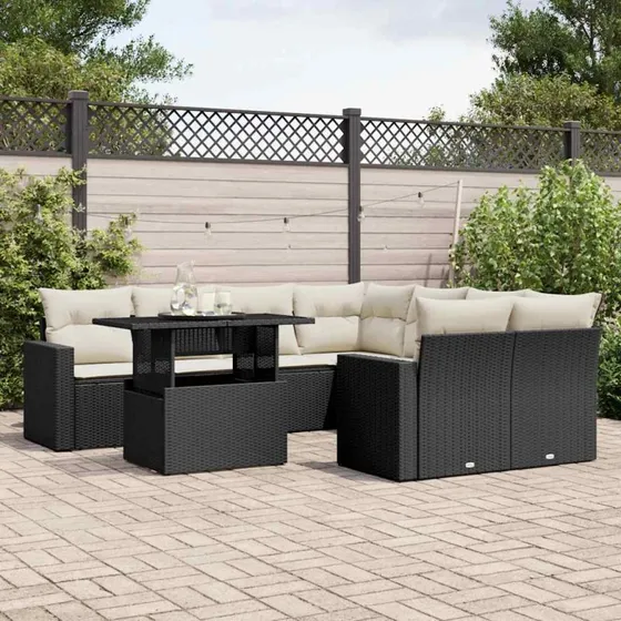 Sofasæt til haven 9 dele i sort polyrattan med hynder