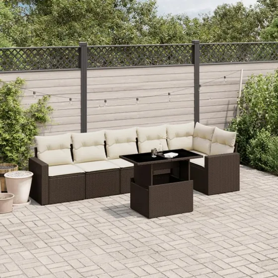Havesofasæt 7 dele i brun polyrattan med hynder