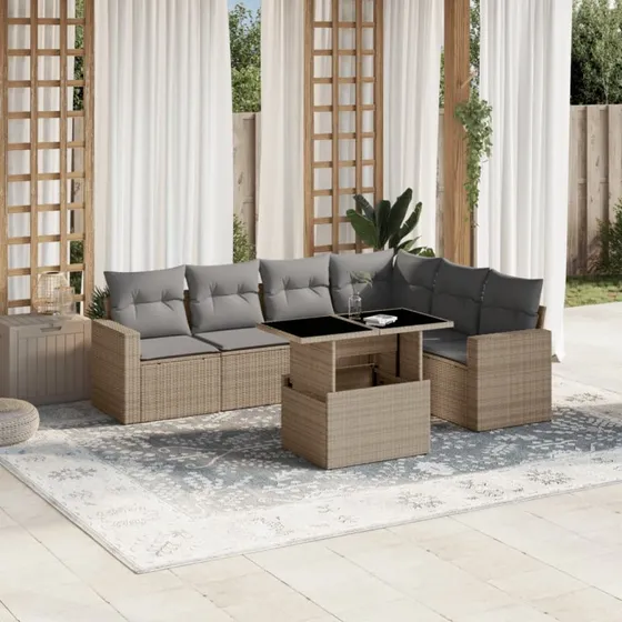 Havemøbelsæt 7 dele i polyrattan med hynder, beige