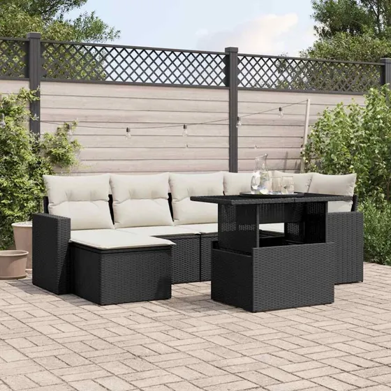 Havesofasæt 7 dele i sort polyrattan med hynder
