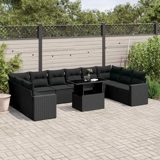 Havesofasæt 11 dele i sort polyrattan med hynder