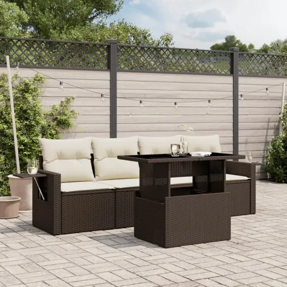 Havesofasæt 5 dele i polyrattan med hynder - brun