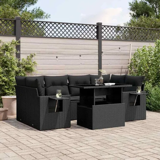 Havesofasæt 7 dele i sort polyrattan med hynder