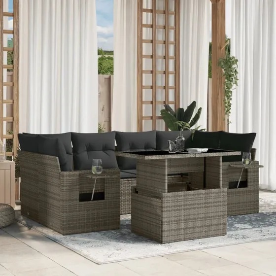 Havesofasæt 7 dele i grå polyrattan med hynder