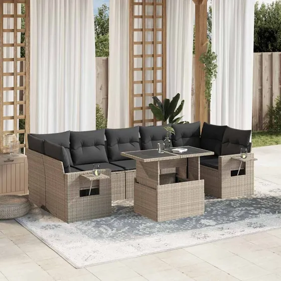 Havesofasæt 8 dele i polyrattan med hynder, lysegrå