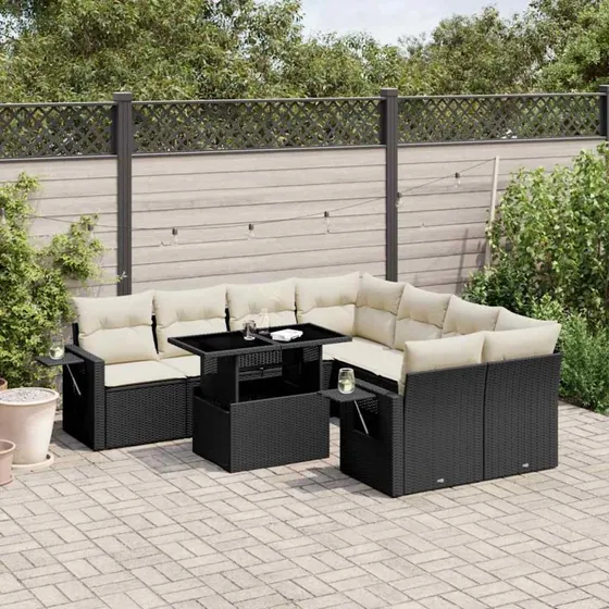 Havesofasæt 9 dele polyrattan med hynder - sort