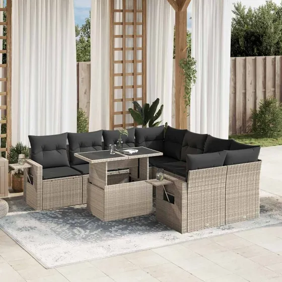 Havesofasæt 9 dele i lysegrå polyrattan med hynder