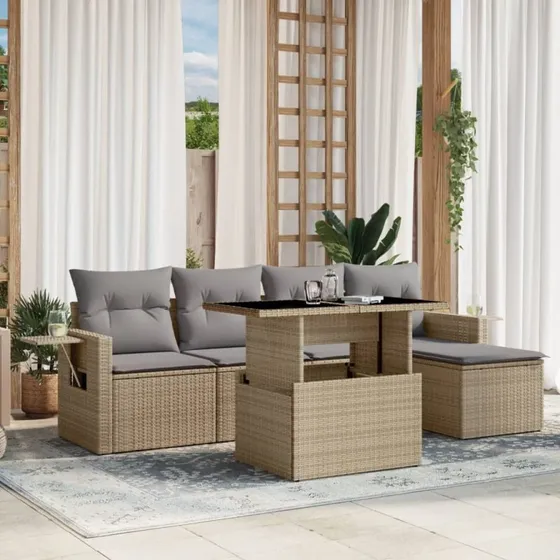 6-delers sofasæt i polyrattan med hynder – beige