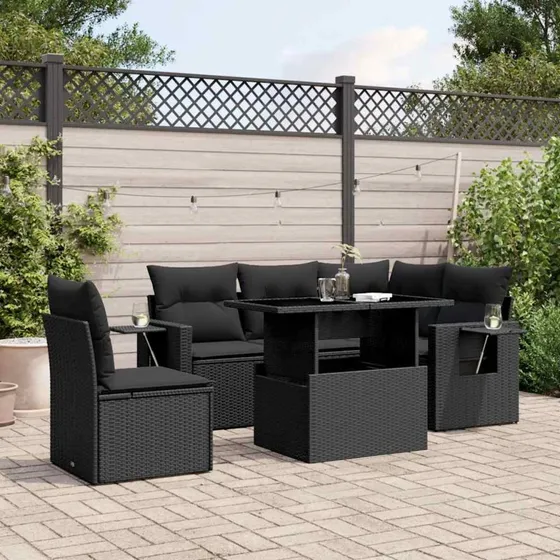 Havesofasæt 6 dele i sort polyrattan med hynder