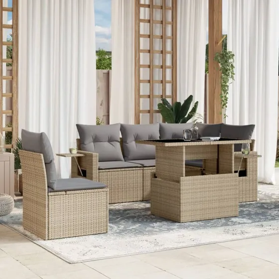 Havesofasæt 6 dele i polyrattan med hynder – beige