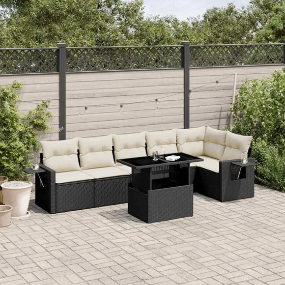 Sofasæt til haven 7 dele i sort polyrattan med hynder