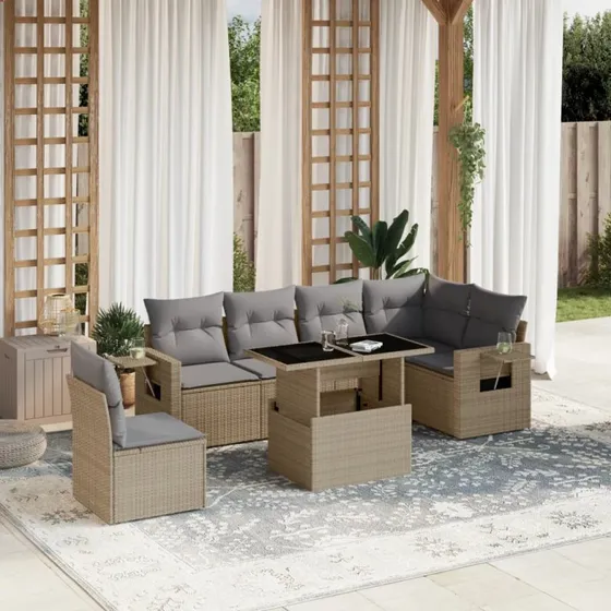 Sofasæt til haven 7 dele i polyrattan med hynder - beige
