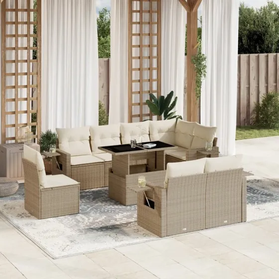 Havesofa sæt 9 dele i polyrattan med hynder - Beige