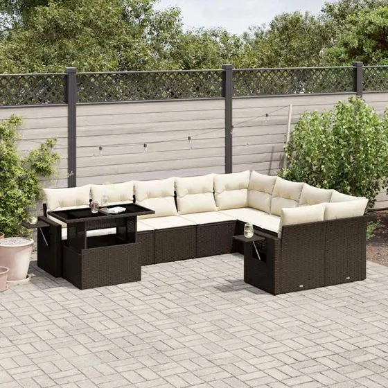 Havesofasæt 10 dele i polyrattan med hynder - brun