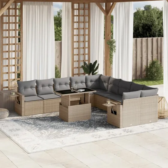 Havesofasæt 11 dele i polyrattan - beige med hynder