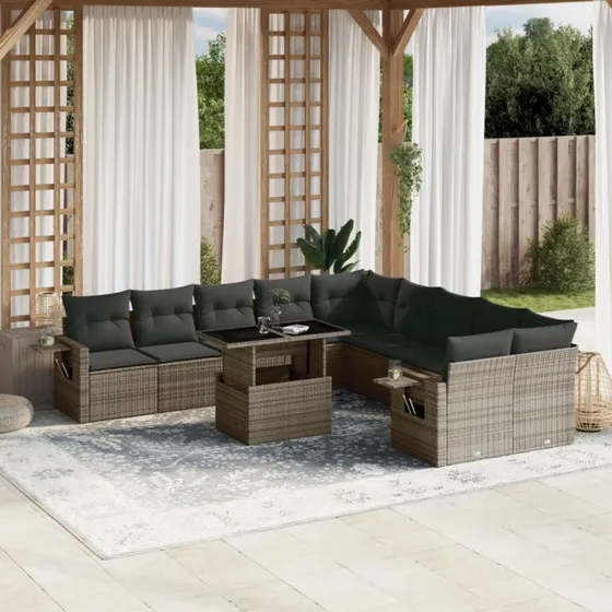 Loungesæt polyrattan 11 dele med hynder - grå