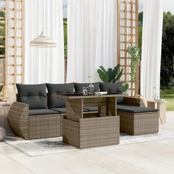 Havesofasæt 6 dele polyrattan grå med hynder