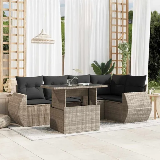 Havesofasæt 6 dele i lysegrå polyrattan med hynder