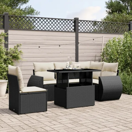 Sofasæt til haven 6 dele i sort polyrattan med hynder