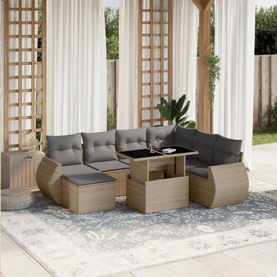 Sofasæt til have 8 dele i beige polyrattan med hynder