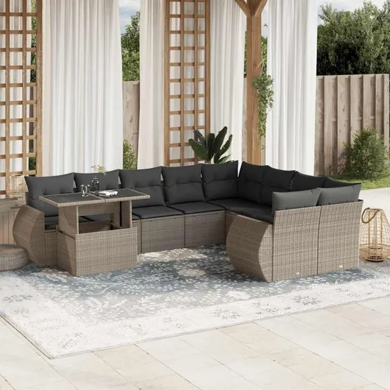 Havesofasæt 10 dele i polyrattan med hynder, lysegrå