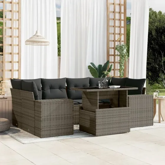 Havesofa sæt 7 dele i polyrattan grå med hynder