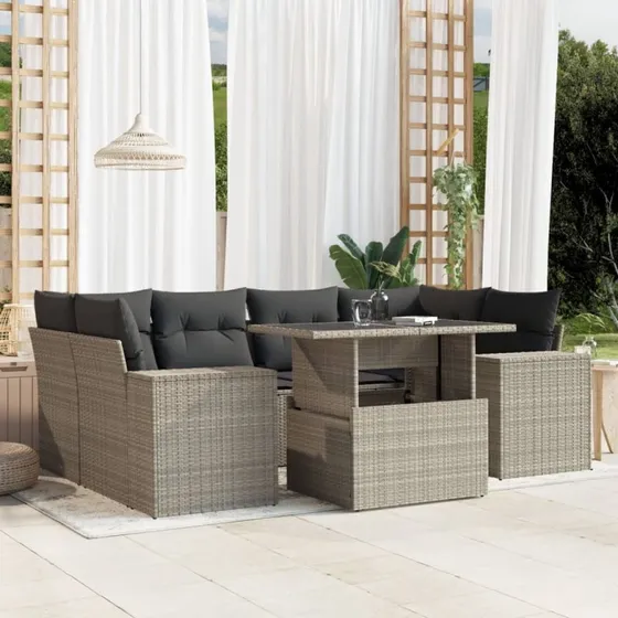 Havesofasæt 7 dele i lysegrå polyrattan med hynder