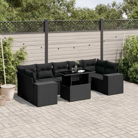 Havesofasæt 8 dele i sort polyrattan med hynder