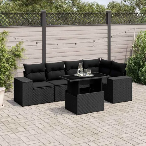 Havesofasæt 6 dele i sort polyrattan m. hynder