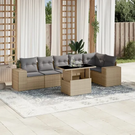 7-delers havesofasæt i polyrattan med hynder – beige