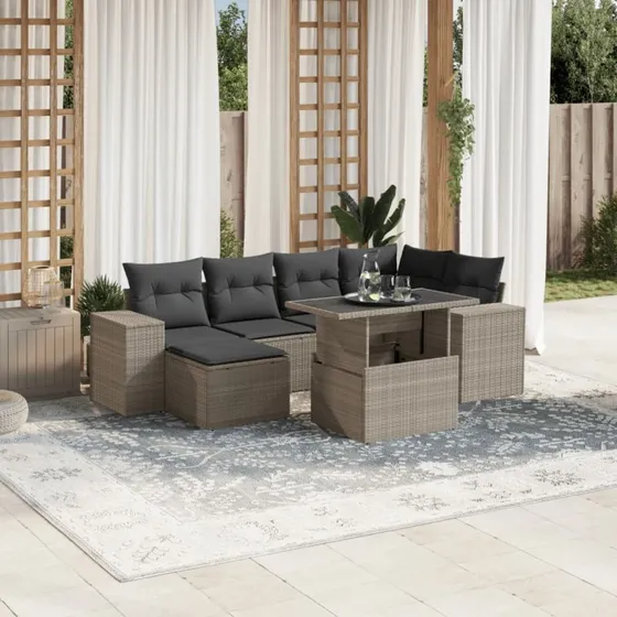 Havesofasæt 7 dele polyrattan lysegrå med hynder