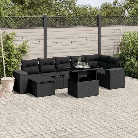 Havesofasæt 8 dele i polyrattan med hynder – sort