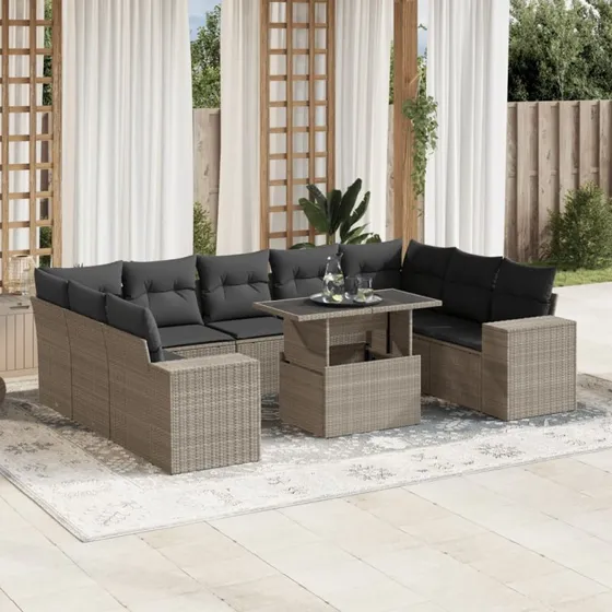 Havesofasæt 10 dele i polyrattan med hynder, lysegrå