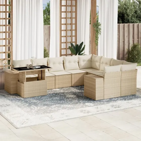 Sofasæt til have 10 dele i beige polyrattan med hynder