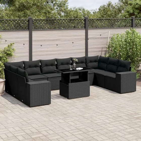 Havesofasæt 11 dele i sort polyrattan med hynder