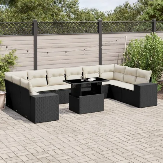 Havesofasæt 11 dele i sort polyrattan med hynder