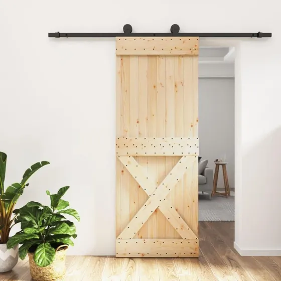 Skydedør i massivt fyrretræ 80x210 cm med monteringssæt