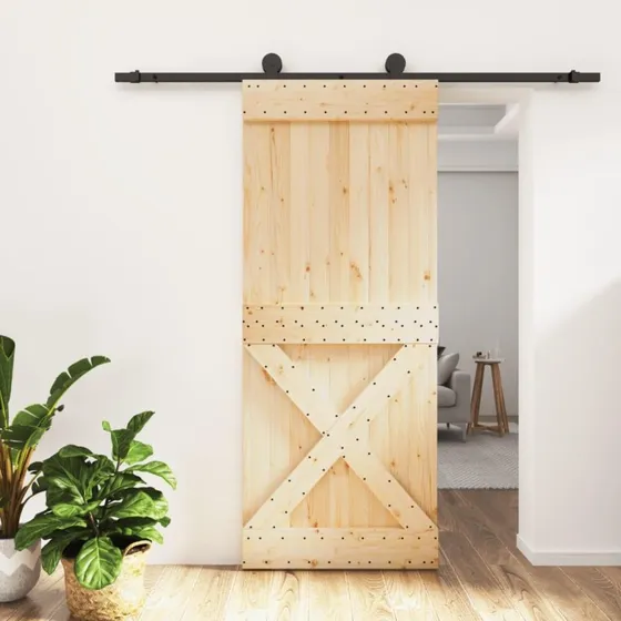 Skydedør i massivt fyrretræ 85x210 cm med monteringssæt