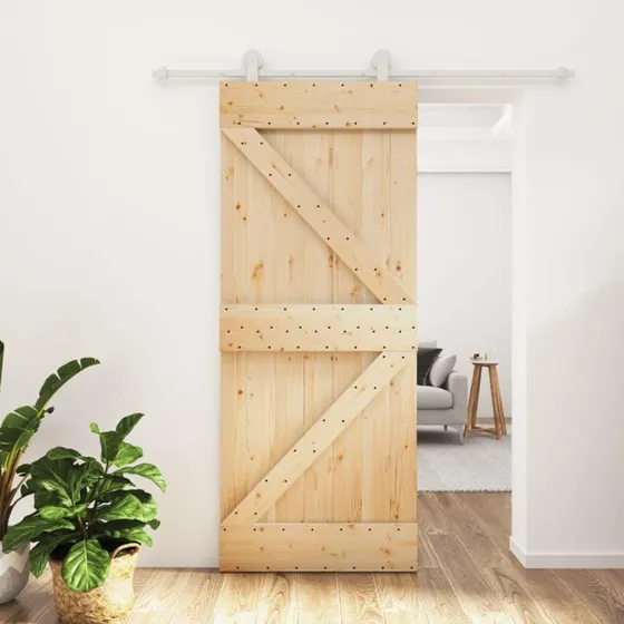 Skydedør i massivt fyrretræ 85x210 cm med monteringssæt