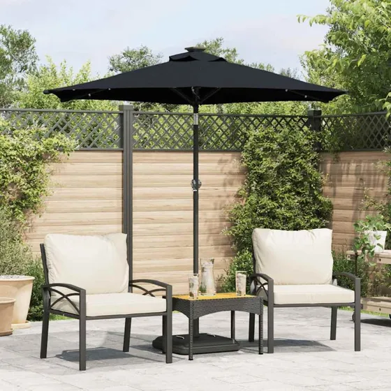 Parasol 225x225 cm med LED-lys og stålstang - sort